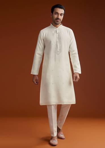 Off White Silk Kurta Set With Mirror Work