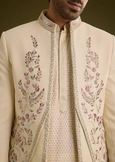 Off White Silk Lucknowi Indo Western Set With Resham Threadwork