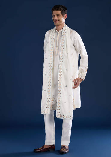 Off White Silk Mens Kurta Set with Dupatta