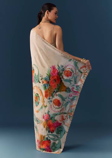 Off White Silk Printed Saree with Blouse Fabric