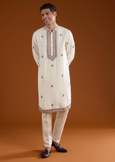 Off White Silk Resham Work Mens Kurta Pant Set