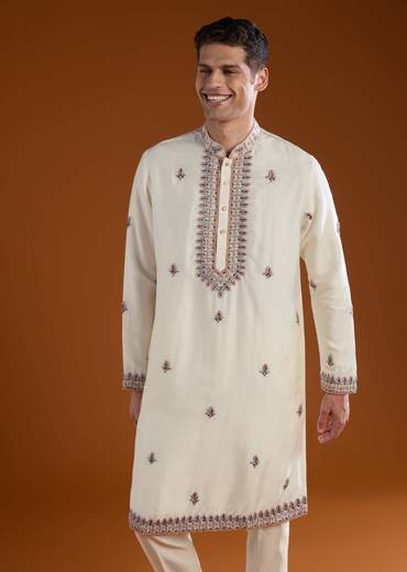 Off White Silk Resham Work Mens Kurta Pant Set