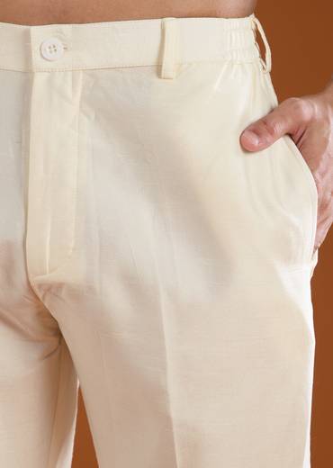 Off White Silk Resham Work Mens Kurta Pant Set