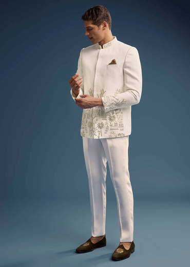 Off White Suiting Fabric Jodhpuri Suit For Men With Heavy Embroidery