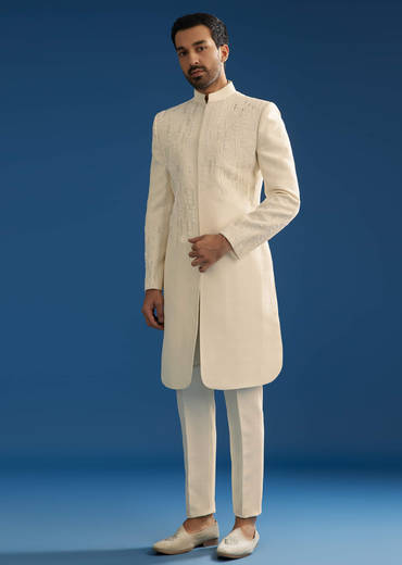 Off White Tussar Groomsman Sherwani Suit With Hand Embroidery
