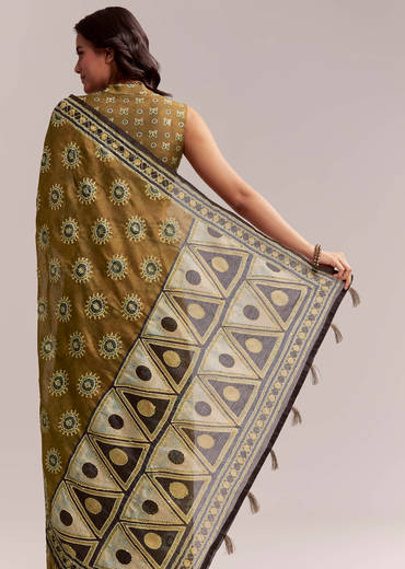 Olive Brown Linen Printed Saree With Handcrafted Ajrakh Print