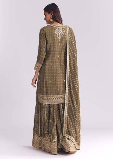 Olive Crepe Bandhani Palazzo Suit With Zari And Sequins Work