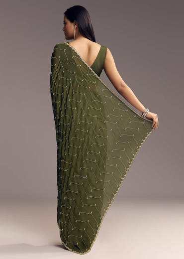 Olive Green Embroidered Chinon Saree With Scallop Border