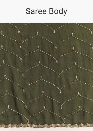 Olive Green Embroidered Chinon Saree With Scallop Border