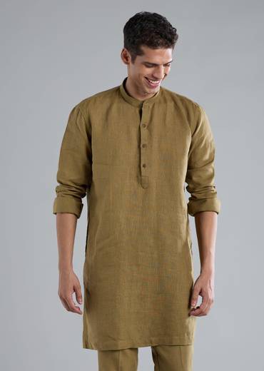 Olive Green Linen Kurta Jacket Set With Zardosi Hand Work