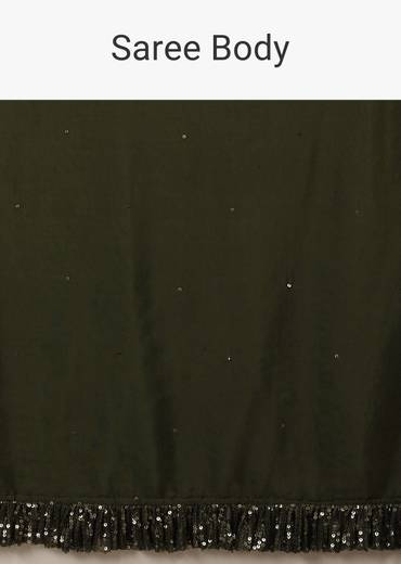 Olive Green Saree In Crepe With Sequins Ruffle On The Border, Sequins Blouse With Front Cut Out And Embellished Belt