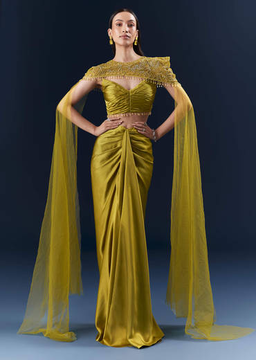 Olive Green Satin Crop Top And Drape Skirt Set With Embroidery