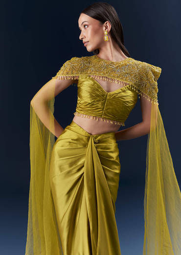 Olive Green Satin Crop Top And Drape Skirt Set With Embroidery