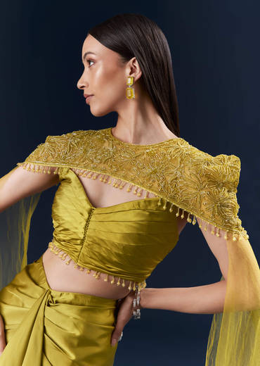 Olive Green Satin Crop Top And Drape Skirt Set With Embroidery