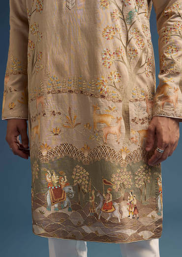 Olive Green Silk Kurta Set For Men With Digital Print