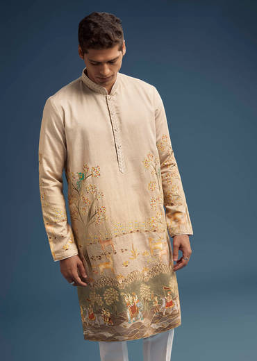 Olive Green Silk Kurta Set For Men With Digital Print