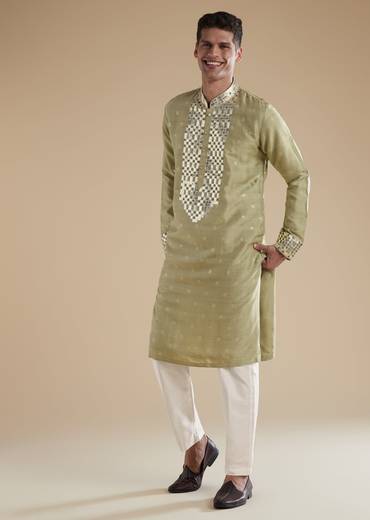 Olive Green Silk Kurta Set With Leather Metal Bead Work