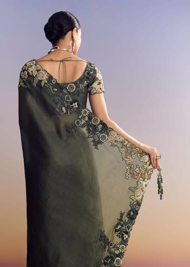 Olive Green Tissue Saree With Cutwork Border And Heavy Embroidery