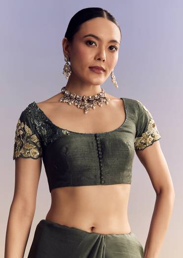 Olive Green Tissue Saree With Cutwork Border And Heavy Embroidery