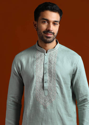 Olive Linen Kurta Set For Men With Resham Embroidery