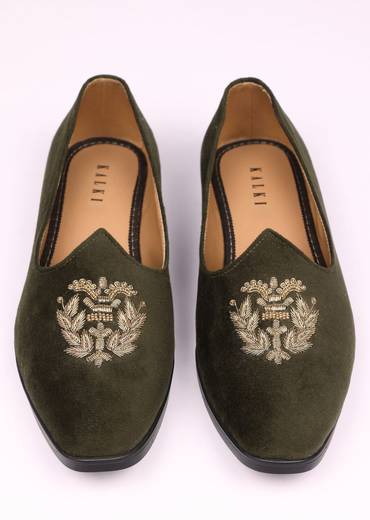 Olive Green Velvet Jutti With Hand Work For Men