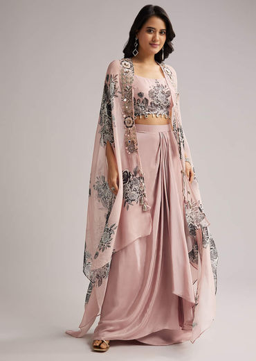 Onion Pink Floral Cape Set With Crop Top And Skirt