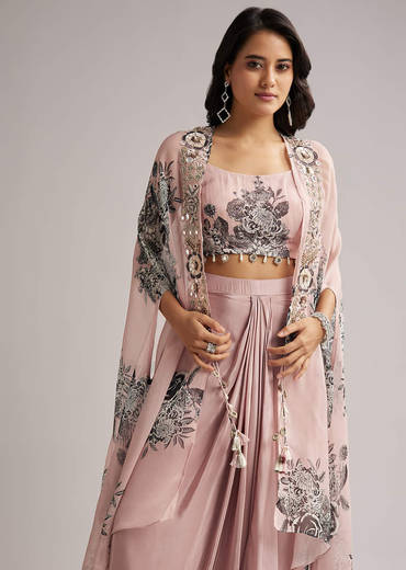 Onion Pink Floral Cape Set With Crop Top And Skirt