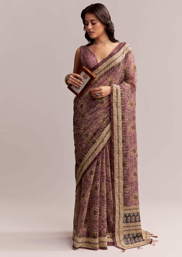 Onion Pink Linen Printed Saree With Traditional Ajrakh Print