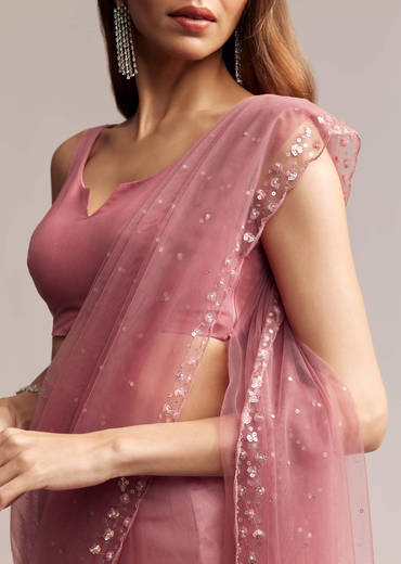 Onion Pink Net Saree With Sequins Embroidery