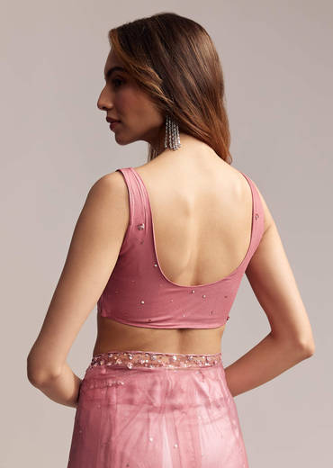 Onion Pink Net Saree With Sequins Embroidery