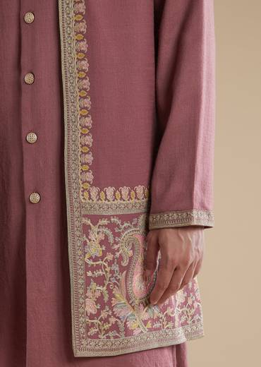 Onion Pink Pashmina Kurta Jacket Set With Thread Resham Work