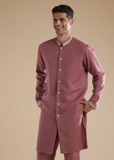Onion Pink Pashmina Kurta Jacket Set With Thread Resham Work