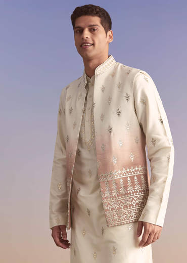 Onion Pink Silk Kurta Jacket Set For Men With Applique Work