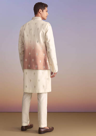 Onion Pink Silk Kurta Jacket Set For Men With Applique Work