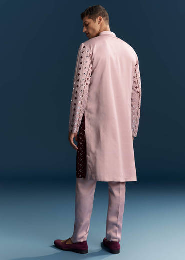 Onion Pink Silk Kurta Set For Men With Mirror And Thread Work