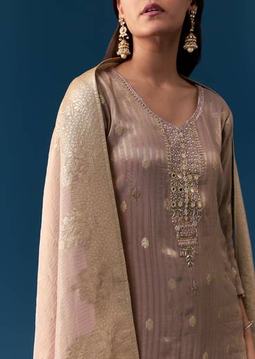 Onion Pink Tissue Kurta Set With Zardosi Detail