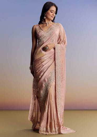 Onion Pink Tissue Saree With Gota Patti Moti And Cutdana Scallop Border