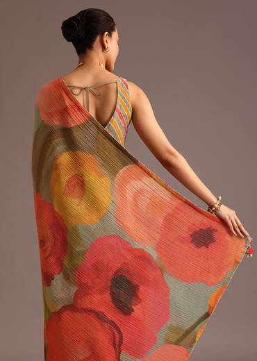Orange Abstract Printed Crush Saree