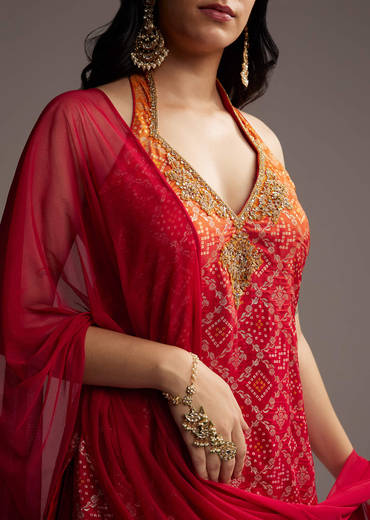 Orange And Red Ombre Silk Palazzo Suit With Bandhani Print