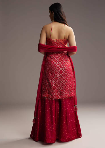 Orange And Red Ombre Silk Palazzo Suit With Bandhani Print