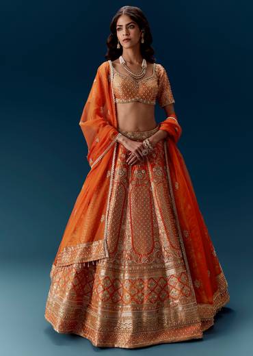 Orange Banarasi Embroiderede Bridal Lehenga With Dupatta