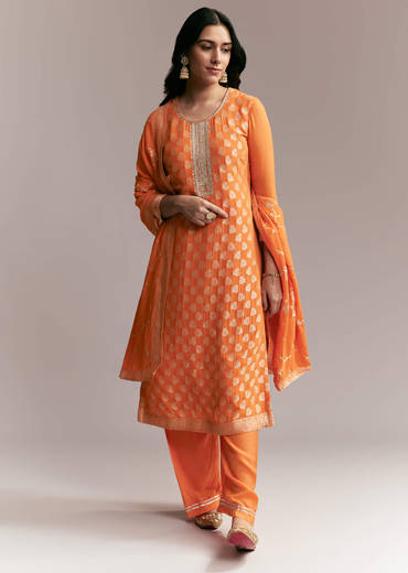 Orange Banarasi Georgette Kurta Set