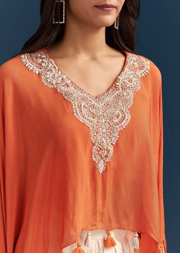 Orange Cape Crop Top Dhoti Set With Moti And Cut Dana Embroidery