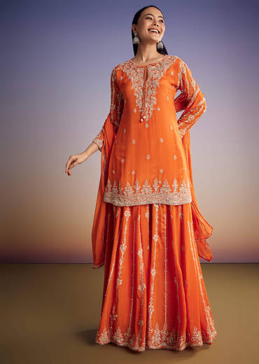Orange Chinon Kurta Palazzo Set With Cutdana And Beads Work