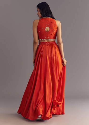 Orange Crepe Zardosi Thread Work Croptop And Palazzo Suit