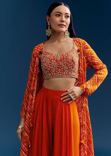 Orange Crop Top Palazzo Set With Printed Chinon Jacket And Zardosi Work