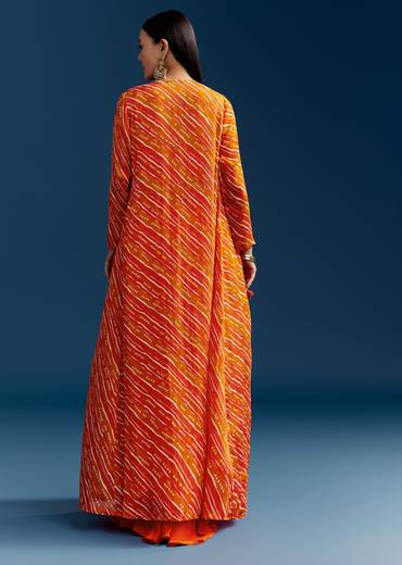 Orange Crop Top Palazzo Set With Printed Chinon Jacket And Zardosi Work