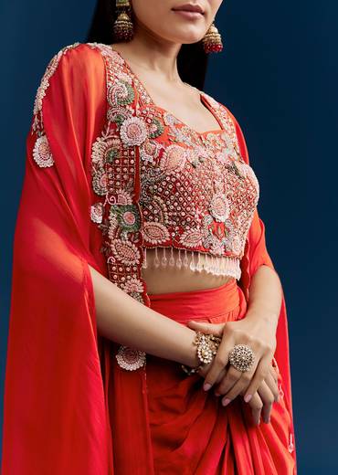 Orange Crop Top Skirt Set With Embroidered Cape