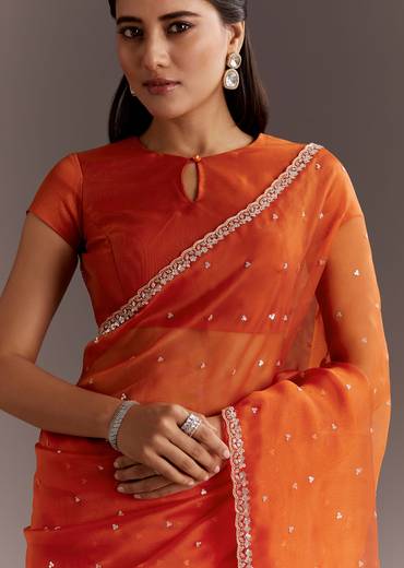 Orange Glass Tissue Saree With Cutdana And Sequins Scallop Border