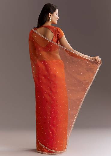 Orange Glass Tissue Saree With Cutdana And Sequins Scallop Border
